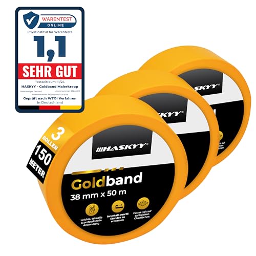 HASKYY Goldband Malerkrepp Kreppband 3x Malerband 38mm x 50m Profi Abdeckband Malertape Klebeband Washi Tape Gold Papiertape Selbstklebend von HASKYY