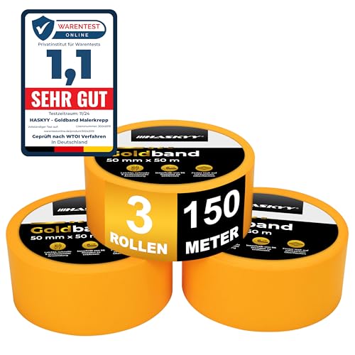 HASKYY Goldband Malerkrepp Kreppband 3x Malerband 50mm x 50m Profi Abdeckband Malertape Klebeband Washi Tape Gold Papiertape Selbstklebend HASKYY Goldband Malerkrepp Kreppband 3x Malerband 50mm x 50m Profi Abdeckband Malertape Klebeband Washi Tape Gold Papiertape Selbstklebend von HASKYY