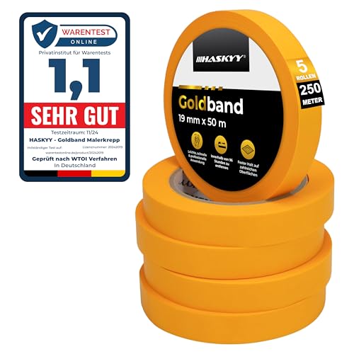 HASKYY Goldband Malerkrepp Kreppband 5x Malerband 19mm x 50m Profi Abdeckband Malertape Klebeband Washi Tape Gold Papiertape Selbstklebend von HASKYY