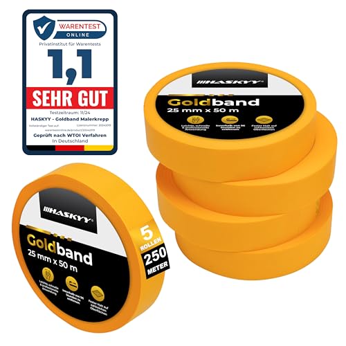 HASKYY Goldband Malerkrepp Kreppband 5x Malerband 25mm x 50m Profi Abdeckband Malertape Klebeband Washi Tape Gold Papiertape Selbstklebend HASKYY Goldband Malerkrepp Kreppband 5x Malerband 25mm x 50m Profi Abdeckband Malertape Klebeband Washi Tape Gold Papiertape Selbstklebend von HASKYY