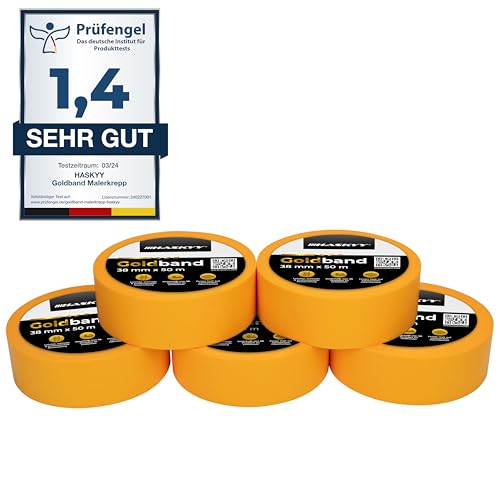 HASKYY Goldband Malertape Kreppband Profi 5x Malerband 38mm x 50m Malerkrepp Abdeckband Klebeband Selbstklebend Gold Papiertape von HASKYY