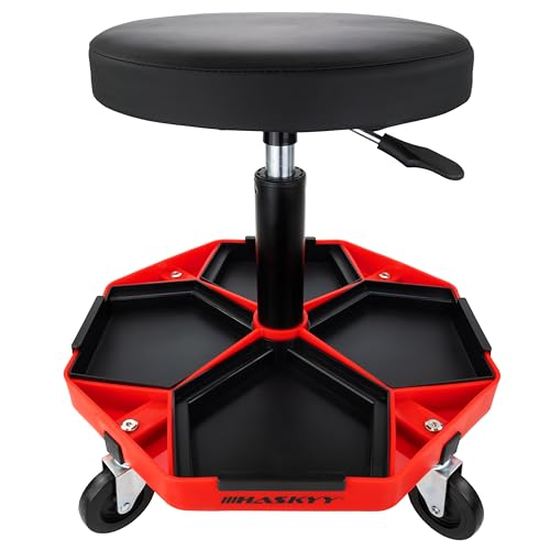 HASKYY Werkstatthocker Arbeitshocker Praxishocker 43-58cm - Bis 150kg belastbar - Gepolsterter Werkstattsitz mit 360° Rollen & Ablagefächern Schwarz/Rot von HASKYY