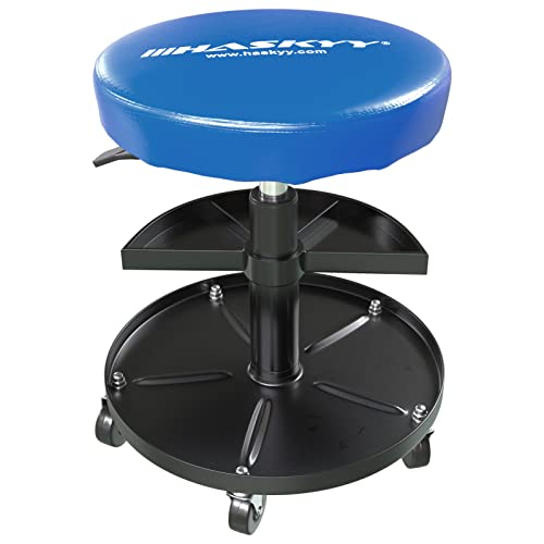 HASKYY Werkstatthocker Rollhocker | Höhe 430-580mm I Sitz Geleinlage | Werkstatt-Arbeits-Hocker-Stuhl-Sitz I 135kg | ø40 cm | 430-580mm I 2 Ablagen I Blau von HASKYY