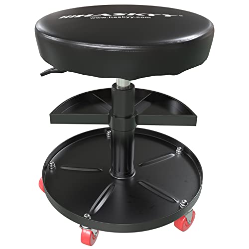 HASKYY Werkstatthocker Rollhocker | Höhe 430-580mm I Sitz Geleinlage | Werkstatt-Arbeits-Hocker-Stuhl-Sitz I 135kg | ø40 cm | 2 Ablagen I Schwarz von HASKYY
