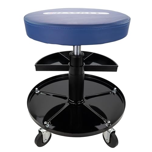 HASKYY Werkstatthocker Werkstattstuhl Arbeitshocker BLAU Stuhl Sitz mit 5 Rollen 2 Ablagen 410-540mm höhenverstellbar Werkstattsitz Rollhocker von HASKYY