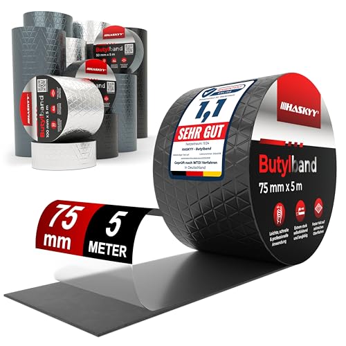 Wasserdichtes Klebeband Butylband I 7,5cm*5m Schwarz hochwertig selbstklebend mit Aluminiumfolie I Butyl-Tape alterungsbeständig korrosionsbeständig UV-beständig Wasserdichtes Klebeband Butylband I 7,5cm*5m Schwarz hochwertig selbstklebend mit Aluminiumfolie I Butyl-Tape alterungsbeständig korrosionsbeständig UV-beständig von HASKYY