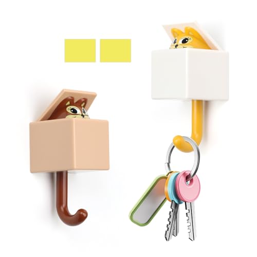 HASLED 2 Stück Eichhörnchen Schlüsselhalter | Selbstklebende Wandhaken (2.5kg Tragkraft) | Für Schlüssel, Kleidung & Deko | Braun & Gelb | Kein Bohren Erforderlich von HASLED