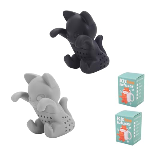 HASLED 2er-Set Katzen Teesieb aus Silikon - 3D Teefilter für Loseblätter (Schwarz & Grau) - Abnehmbarer Tee-Ei für Tasse & Kanne - Hitzebeständig bis 230°C - Lustiges Teezubehör & Geschenk von HASLED