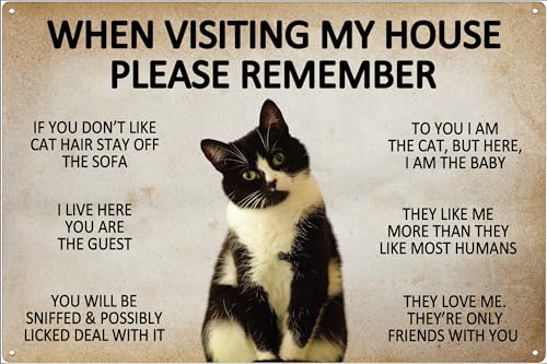 Lustiges Smoking Cat Rules Metallschilder, 20,3 x 30,5 cm – "When Visiting My House Please Remember" Wanddekoration, Original-Design, Zinn, Metall-Wandkunstdruck, Poster, schwarze Katze von HASTAGMANVI
