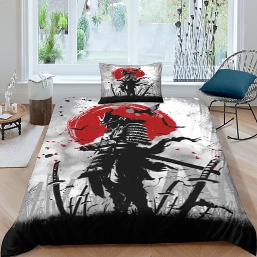 Japanisch Samurai 3D Gedruckter Schwertkämpfer Für Kinder Mädchen Jungen Bettwäschegarnitur Bettbezug Set Weich Microfaser Bettwäsche Reissverschluss Und Kissenbezüge 3 Teilig Single（135x200cm） von HASWEX