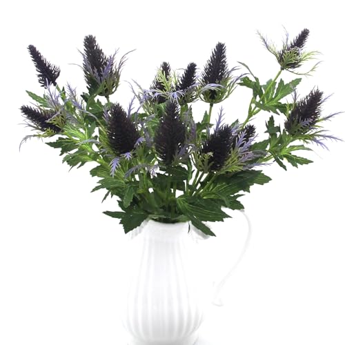 HASWITDA 4 Stängel Künstliche Eryngium Distel Blumen Faux Meer Holly Seide Langer Stängel gefälschte Flora für Outdoor Indoor Home Dekoration Bouquet Kränze Mittelstück Arrangement Violett Ohne Vase von HASWITDA