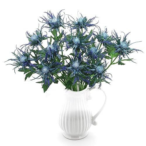 HASWITDA 4 Stängel Künstliche Eryngium Distel Blumen Faux Meer Holly Seide Langer Stängel gefälschte Flora für Outdoor Indoor Home Dekoration Bouquet Kränze Mittelstück Arrangement Blau Ohne Vase von HASWITDA