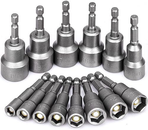 14 Stück Magnetisch Sechskant Stecknuss Set 6mm - 19mm Steckschlüssel Anschrauben Schraubenschlüssel 1/4" Stecknüsse Adaptern für Bohrer, Chrom Vanadium Stahl von HATANSE
