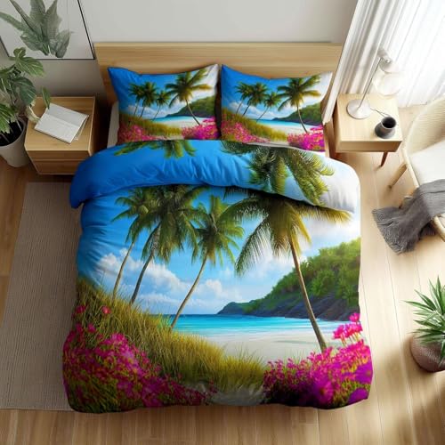 Bettwäsche 155x220 Hawaii, 3D Wendebettwäsche Tropische Meereslandschaft Microfaser Bettwäsche Set Bettbezug 3 Teilig mit 2 Kissenbezug 80x80 cm 3797-ABC von HATEGE