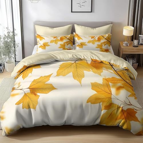 Bettwäsche 200x200 Herbst, 3D Wendebettwäsche Ahornblätter Microfaser Bettwäsche Set Bettbezug 3 Teilig mit 2 Kissenbezug 80x80 cm 3814-ABC von HATEGE