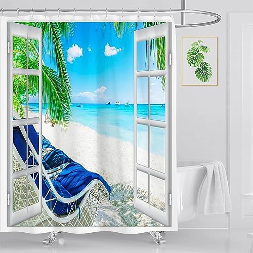 Duschvorhang Anti-Schimmel Hawaii 3D Duschvorhänge 200x240 Strand Mit Meerblick Duschvorhang Textil Waschbar Wsserdicht für Badezimmer Badewanne Badevorhang Bad von HATEGE