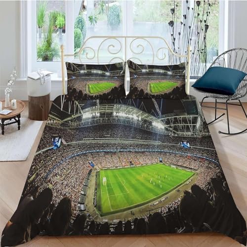 HATEGE 3D Fußballfeld Bettwäsche 155x220 Stadion Spiel 3 Teilig Weiche Mikrofaser Bettwäsche Fußballfeld Bettbezug Set und 2 Kissenbezug 80x80 cm mit Reißverschluss J198 von HATEGE