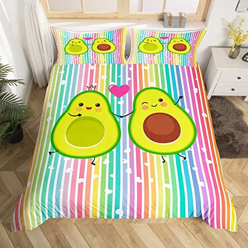 HATEGE 3D Niedliche Avocado Bettwäsche 150x200 Regenbogen-Streifen Weiche Bettwäsche-Sets Mikrofaser 3 Teilig Karikatur Bettbezug Set und 2 Kissenbezug 80x80 cm mit Reißverschluss von HATEGE