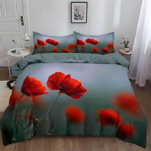HATEGE Bettwäsche 135x200 4teilig Roter Mohn, 3D Wendebettwäsche Gartenszene Microfaser Bettwäsche Set für Kinder 2 Bettbezug 135x200 cm mit 2 Kissenbezug 80x80 cm 1971-ABC HATEGE Bettwäsche 135x200 4teilig Roter Mohn, 3D Wendebettwäsche Gartenszene Microfaser Bettwäsche Set für Kinder 2 Bettbezug 135x200 cm mit 2 Kissenbezug 80x80 cm 1971-ABC von HATEGE