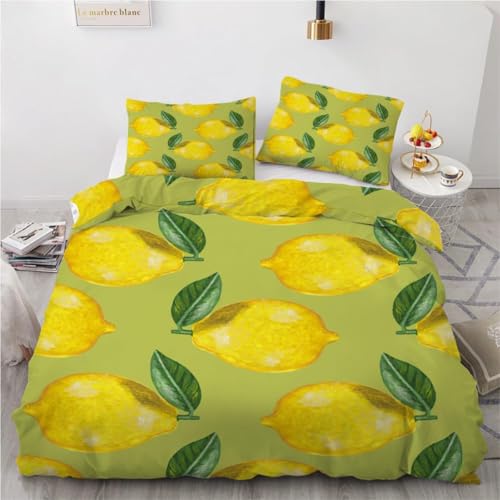 HATEGE Bettwäsche 135x200 Zitrone, 3D Wendebettwäsche Zitrone Microfaser Bettwäsche Set für Kinder Bettbezug 3 Teilig mit 2 Kissenbezug 80x80 cm 530-ABC von HATEGE