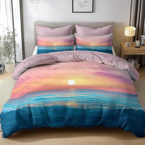 HATEGE Bettwäsche 140x200 Meer, 3D Wendebettwäsche Sonnenuntergang Microfaser Bettwäsche Set für Kinder Bettbezug 3 Teilig mit 2 Kissenbezug 80x80 cm 3748-ABC von HATEGE