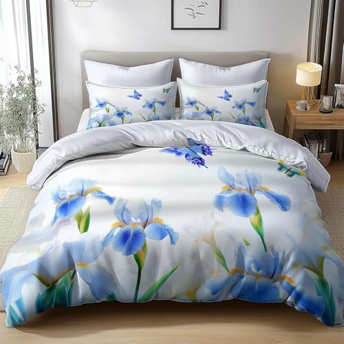 HATEGE Bettwäsche 155x220 Blaue Blumen, 3D Wendebettwäsche Schmetterling Microfaser Bettwäsche Set Bettbezug 3 Teilig mit 2 Kissenbezug 80x80 cm 3701-ABC von HATEGE