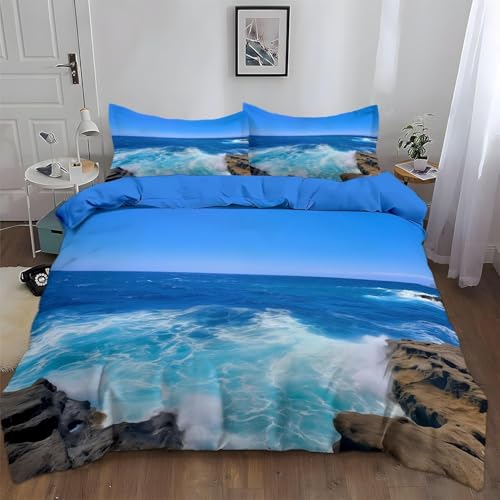 HATEGE Bettwäsche 155x220 Meer, 3D Wendebettwäsche Blaues Meer Microfaser Bettwäsche Set Bettbezug 3 Teilig mit 2 Kissenbezug 80x80 cm 3589-ABC von HATEGE