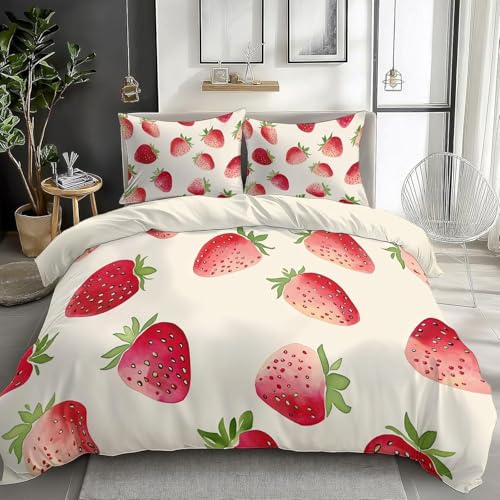 HATEGE Bettwäsche 200x200 Erdbeere, 3D Wendebettwäsche Mädchen Microfaser Bettwäsche Set Bettbezug 3 Teilig mit 2 Kissenbezug 80x80 cm 3734-ABC von HATEGE