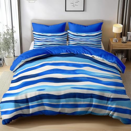 HATEGE Bettwäsche 200x200 Geometrische Streifen, 3D Wendebettwäsche Blau Microfaser Bettwäsche Set Bettbezug 3 Teilig mit 2 Kissenbezug 80x80 cm 3574-ABC von HATEGE