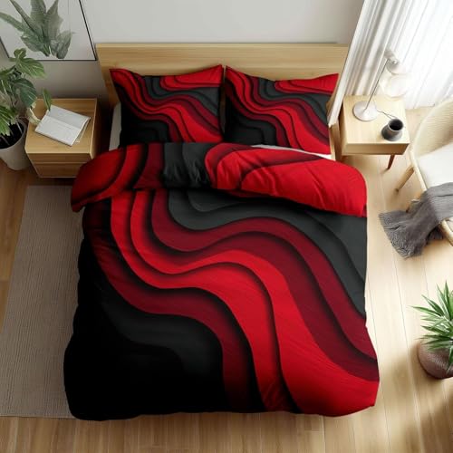 HATEGE Bettwäsche 200x220 Geometrische Linien, 3D Wendebettwäsche Rot und Schwarz Microfaser Bettwäsche Set Bettbezug 3 Teilig mit 2 Kissenbezug 80x80 cm 3567-ABC von HATEGE