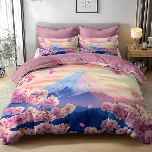 HATEGE Bettwäsche 200x220 Japanische Kirschblüten, 3D Wendebettwäsche Berg Fuji Microfaser Bettwäsche Set Bettbezug 3 Teilig mit 2 Kissenbezug 80x80 cm 3759-ABC von HATEGE