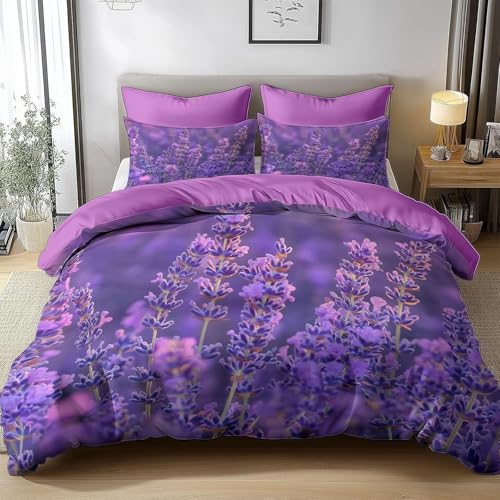HATEGE Bettwäsche 200x220 Lavendel, 3D Wendebettwäsche Lila Blüten Microfaser Bettwäsche Set Bettbezug 3 Teilig mit 2 Kissenbezug 80x80 cm 3655-ABC von HATEGE