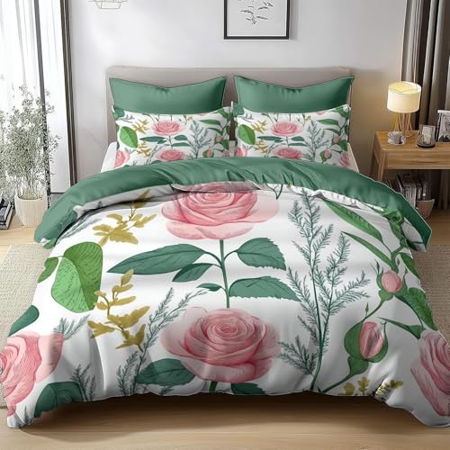 HATEGE Bettwäsche 200x220 Rosa Rosen, 3D Wendebettwäsche Gartenszene Microfaser Bettwäsche Set Bettbezug 3 Teilig mit 2 Kissenbezug 80x80 cm 3743-ABC von HATEGE