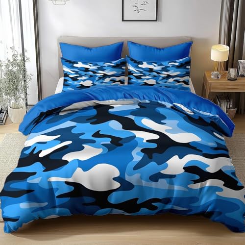 HATEGE Bettwäsche 220x240 Tarnmuster, 3D Wendebettwäsche Blau Microfaser Bettwäsche Set Bettbezug 3 Teilig mit 2 Kissenbezug 80x80 cm 3808-ABC von HATEGE