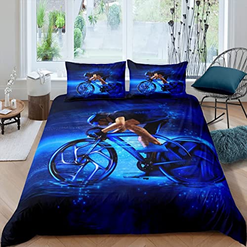 HATEGE Blaues Fahrrad Bettwäsche 135x200 Sport Weiche Mikrofaser 3D Bettwäsche-Sets 3 Teilig Erwachsene Bettbezug Set und 2 Kissenbezug 80x80 cm mit Reißverschluss von HATEGE