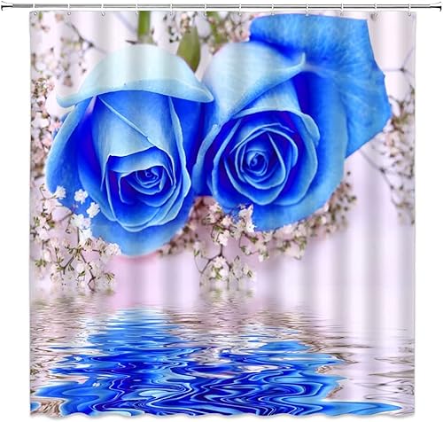 HATEGE Duschvorhang 180x180 Blaue Rose, Duschvorhänge Antischimmel 3D Blumen, Shower Curtains Waschbar, Badevorhang für Badewanne Badezimmer, mit 12 Ringe DS1923 von HATEGE