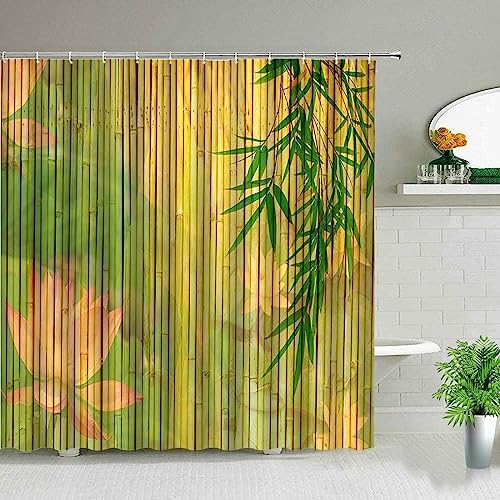 HATEGE Duschvorhang Anti-Schimmel Bambus 3D Duschvorhänge 180x180 Landlotus Duschvorhang Textil Waschbar Wsserdicht für Badezimmer Badewanne Badevorhang Bad von HATEGE