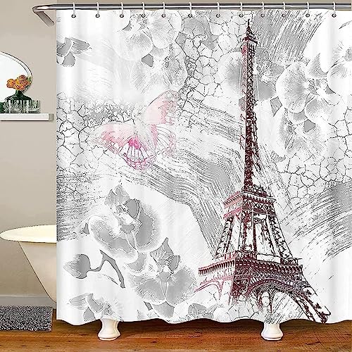 HATEGE Duschvorhang Anti-Schimmel Eiffelturm 3D Duschvorhänge 180x200 Romantisches Paris Duschvorhang Textil Waschbar Wsserdicht für Badezimmer Badewanne Badevorhang Bad von HATEGE