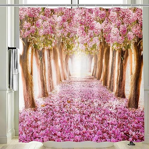 HATEGE Duschvorhang Anti-Schimmel Gartenpflanzen 3D Duschvorhänge 200x240 Pinke Blume Duschvorhang Textil Waschbar Wsserdicht für Badezimmer Badewanne Badevorhang Bad von HATEGE