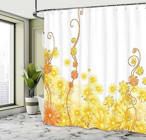 HATEGE Duschvorhang Anti-Schimmel Gelbe Blume 3D Duschvorhänge 180x180 Kunst Duschvorhang Textil Waschbar Wsserdicht für Badezimmer Badewanne Badevorhang Bad von HATEGE