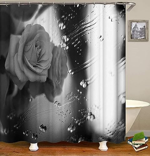 HATEGE Duschvorhang Anti-Schimmel Grau 3D Duschvorhänge 180x200 Rosen Duschvorhang Textil Waschbar Wsserdicht für Badezimmer Badewanne Badevorhang Bad von HATEGE