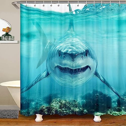 HATEGE Duschvorhang Anti-Schimmel Hai 3D Duschvorhänge 200x240 Ozean Duschvorhang Textil Waschbar Wsserdicht für Badezimmer Badewanne Badevorhang Bad von HATEGE