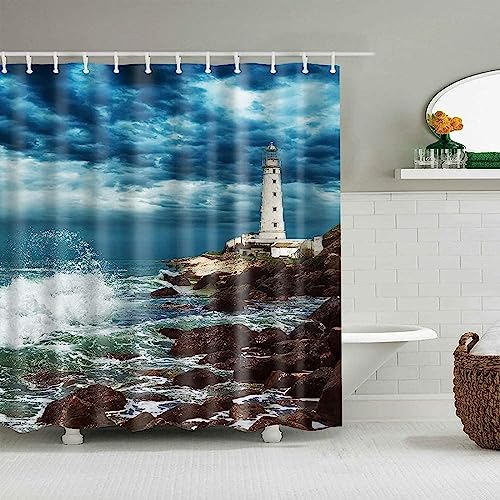 HATEGE Duschvorhang Anti-Schimmel Leuchtturm 3D Duschvorhänge 120x200 Nautisches Thema Duschvorhang Textil Waschbar Wsserdicht für Badezimmer Badewanne Badevorhang Bad von HATEGE