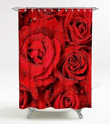 HATEGE Duschvorhang Anti-Schimmel Rote Rose 3D Duschvorhänge 120x200 Rosen Duschvorhang Textil Waschbar Wsserdicht für Badezimmer Badewanne Badevorhang Bad von HATEGE