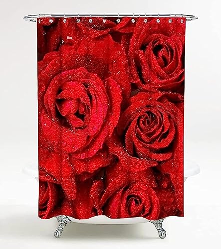 HATEGE Duschvorhang Anti-Schimmel Rote Rose 3D Duschvorhänge 200x200 Rosen Duschvorhang Textil Waschbar Wsserdicht für Badezimmer Badewanne Badevorhang Bad von HATEGE