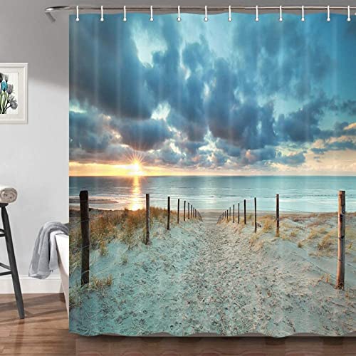 HATEGE Duschvorhang Anti-Schimmel Strand 3D Duschvorhänge 120x200 Ozean Duschvorhang Textil Waschbar Wsserdicht für Badezimmer Badewanne Badevorhang Bad von HATEGE