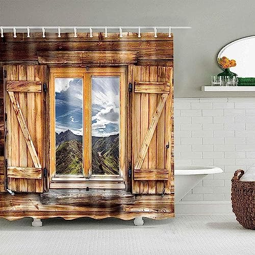 HATEGE Duschvorhang Anti-Schimmel Vintage-Holzbretter 3D Duschvorhänge 200x240 Ausblick Aus Dem Fenster Duschvorhang Textil Waschbar Wsserdicht für Badezimmer Badewanne Badevorhang Bad von HATEGE