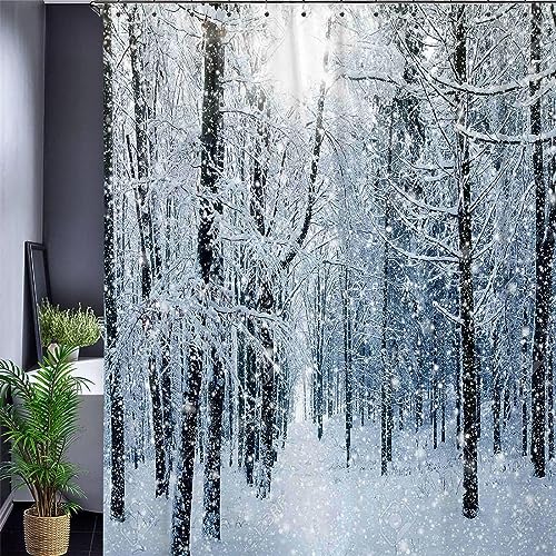 HATEGE Duschvorhang Anti-Schimmel Winter 3D Duschvorhänge 120x200 Baumsicht Duschvorhang Textil Waschbar Wsserdicht für Badezimmer Badewanne Badevorhang Bad von HATEGE