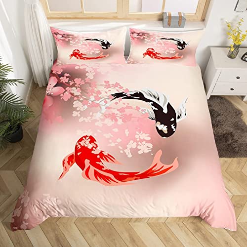 HATEGE Koi Bettwäsche 135x200 Rosa Kirschblüten 3 Teilig Weich Kuschelig Mikrofaser Bettwäsche Japanisch Bettbezug Set und 2 Kissenbezug 80x80 cm mit Reißverschluss von HATEGE