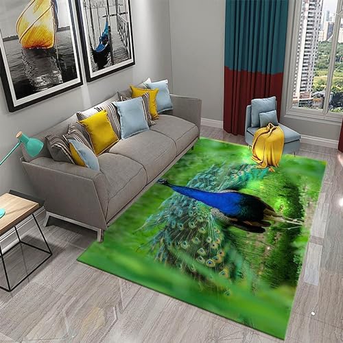 HATEGE Teppich Wohnzimmer 100 x 150 cm Waschbar Pfau, Outdoor Teppiche Kurzflor 3D Grün, Carpet Flauschig Pfau ZP866 von HATEGE